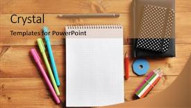  Presentation with knowledge - Beautiful PPT theme featuring product knowledge - blank notebook with colorful stationery backdrop and a yellow colored foreground