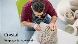  Presentation with apron - Colorful slide deck enhanced with product making - topview of ceramist dressed backdrop and a light blue colored foreground