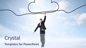  Presentation with rope - Audience pleasing theme consisting of product management - businessman hanging on a cloud backdrop and a sky blue colored foreground