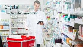  Presentation with male pharmacist - Beautiful slide deck featuring product management - male pharmacist updating stock backdrop and a sky blue colored foreground