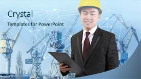  Presentation with dock - PPT theme enhanced with product marketing strategy goods - manager with clipboard and dock background and a sky blue colored foreground