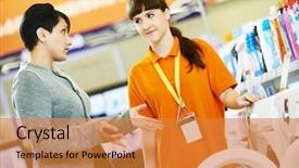  Presentation with kitchen appliance - Slide deck featuring product range - young woman choosing electric kitchen background and a gold colored foreground