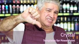  Presentation with torn down buildings - PPT theme with product review - man thumbs down - dissatisfied background and a tawny brown colored foreground