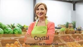  Presentation with credit market volatility - Audience pleasing slides consisting of product showcase - mature shop assistant at market backdrop and a gold colored foreground