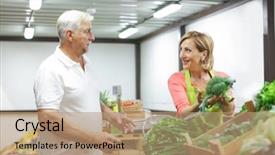  Presentation with helping - Slides with product showcase - mature shop assistant helping client background and a coral colored foreground