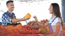  Presentation with salesman - PPT layouts featuring product showcase - salesman helping customer choosing vegetables background and a red colored foreground