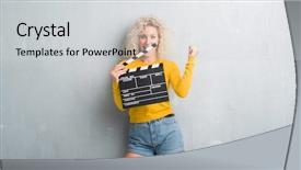  Presentation with emotion - Colorful theme enhanced with production achievement - young blonde woman over grunge backdrop and a light gray colored foreground