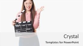  Presentation with clapper - Cool new slide deck with production achievement - young chinese woman over isolated backdrop and a white colored foreground