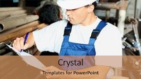  Presentation with engineering industrial - Audience pleasing PPT theme consisting of production engineering - industrial theme a worker backdrop and a coral colored foreground