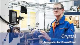  Presentation with worker - Slide deck consisting of production engineering - worker in uniform and protective background and a ocean colored foreground