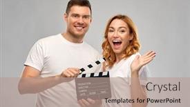  Presentation with entertainment - Colorful PPT theme enhanced with production-filmmaking-and-entertainment-concept backdrop and a coral colored foreground