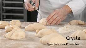  Presentation with bakery - Presentation design featuring production flour - man preparing bread on table background and a soft green colored foreground