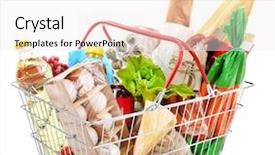  Presentation with online grocery shopping - Presentation with production flour - metal shopping basket with groceries background and a sky blue colored foreground