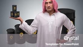  Presentation with oil and gas icons - Colorful slide deck enhanced with crude increase - arab businessman supporting oil price backdrop and a light gray colored foreground
