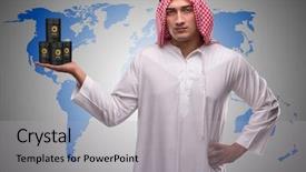  Presentation with oil and gas - Slide deck enhanced with crude increase - arab businessman supporting oil price background and a  colored foreground