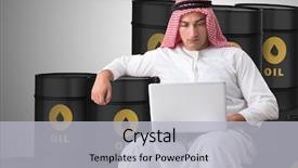  Presentation with crude oil trading - Cool new slide set with arab businessman trading crude oil backdrop and a light gray colored foreground
