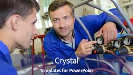  Presentation with man on train - Slide set enhanced with production indicator - man with trainee pointing background and a navy blue colored foreground