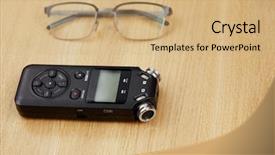 Presentation with recorder - Audience pleasing presentation theme consisting of production indicator - portable audio recorder and glasses backdrop and a coral colored foreground