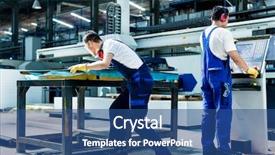  Presentation with factory machine - Presentation design with production industry - worker team in factory discussing background and a ocean colored foreground