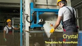  Presentation with control panel - Audience pleasing slide set consisting of production line - operator wearing safety hat behind backdrop and a tawny brown colored foreground