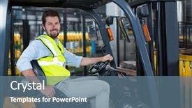  Presentation with factory - Cool new slides with production line - portrait of smiling factory worker backdrop and a ocean colored foreground