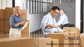  Presentation with distribution - Amazing slide deck having production line - workers checking goods on belt backdrop and a coral colored foreground