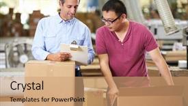  Presentation with dispatch - Colorful PPT theme enhanced with production line - workers in warehouse preparing goods backdrop and a coral colored foreground