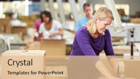 Presentation with dispatch - Audience pleasing presentation theme consisting of production line - workers in warehouse preparing goods backdrop and a lemonade colored foreground