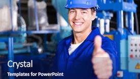  Presentation with factory - Beautiful slides featuring production management - cheerful worker thumb up backdrop and a navy blue colored foreground
