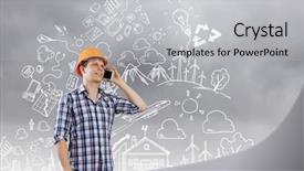  Presentation with engineering desk of civil engineer - Colorful presentation design enhanced with production management - image of man engineer talking backdrop and a  colored foreground