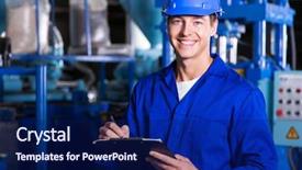  Presentation with industrial - Theme featuring production management - male industrial technician working inside background and a navy blue colored foreground