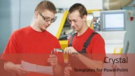  Presentation with cnc machine tool milling - PPT layouts featuring production management - manufacture technician workers discussing background and a red colored foreground