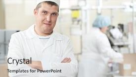  Presentation with pharmaceutical factory - Slide deck with production management - pharmaceutical male worker at industrial background and a sky blue colored foreground