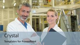  Presentation with man and woman - Amazing PPT theme having production management - portrait of man and woman backdrop and a light blue colored foreground