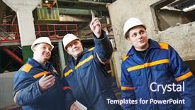  Presentation with industrial engineer - Colorful PPT theme enhanced with production management - three industrial engineer chief discussing backdrop and a ocean colored foreground