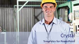  Presentation with factory - Slide deck consisting of production manager portrait inside factory background and a sky blue colored foreground