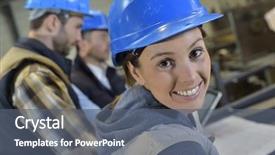  Presentation with industrial engineer - Slide deck enhanced with production planning - cheerful woman industrial engineer background and a gray colored foreground