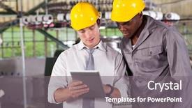  Presentation with factory - Slides with production planning - factory manager and worker looking background and a gray colored foreground