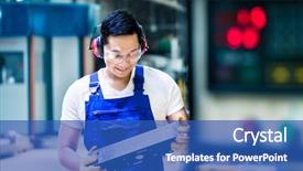  Presentation with machine operator - Presentation theme having asian machine operator in production plant checking data background and a ocean colored foreground