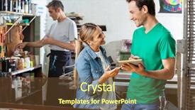  Presentation with happy anniversay work - Colorful presentation design enhanced with production technology - happy male worker holding digital backdrop and a tawny brown colored foreground