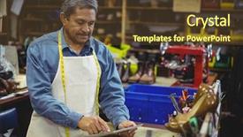  Presentation with tape recorder workshop - Theme with production technology - shoemaker using digital tablet background and a tawny brown colored foreground