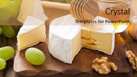  Presentation with camembert - PPT theme featuring small wooden bridge in the forest on a walking trail background and a dark gray colored foreground.
