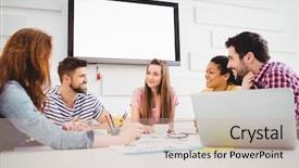  Presentation with creative journal - Audience pleasing slide deck consisting of profesiona - happy young colleagues discussing backdrop and a  colored foreground