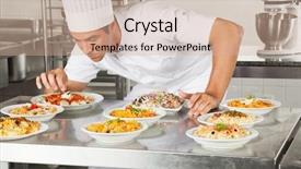  Presentation with chef war - Theme enhanced with profesiona - young male chef garnishing dishes background and a coral colored foreground