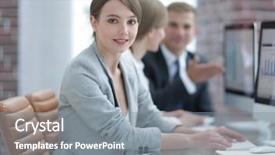  Presentation with desk - Colorful slide set enhanced with profesional - young business woman sitting backdrop and a  colored foreground