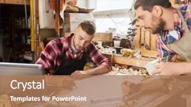  Presentation with computer workshop - PPT layouts enhanced with profession carpentry woodwork and people concept - two carpenters with laptop computer and blueprint at workshop background and a coral colored foreground