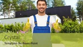  Presentation with cleaning service - PPT theme consisting of profession-cleaning-service-and-building background and a yellow colored foreground