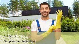  Presentation with cleaning service - Colorful slide deck enhanced with profession-cleaning-service-and-gear backdrop and a yellow colored foreground