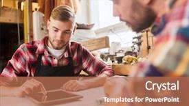  Presentation with workmen - Beautiful PPT theme featuring profession technology and people concept - two workmen with tablet pc computer and blueprint at workshop backdrop and a coral colored foreground