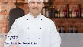  Presentation with cooking chef - Presentation theme featuring profession vegetarian food and people concept - happy male chef cooking vegetable salad over kitchen background background and a sky blue colored foreground